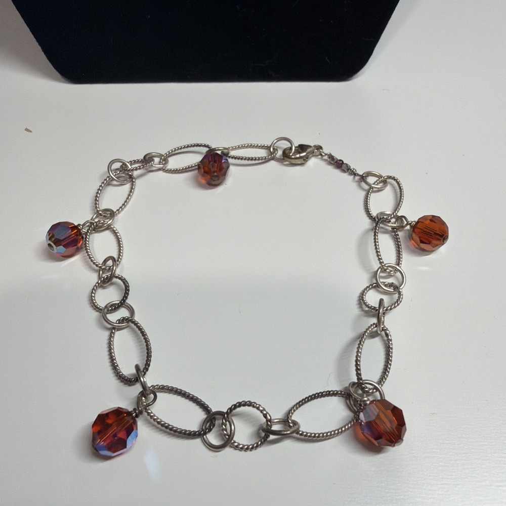 Handmade 925 Sterling Silver Orange Faceted Crystal Disc Link Bracelet 10in